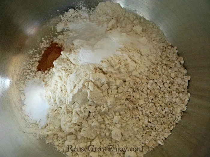 Dry ingredients in stainless steel mixing bowl