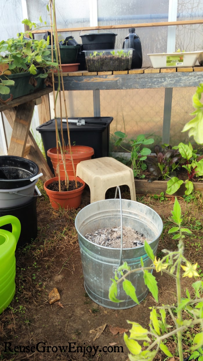 Ash bucket on ground in center of greenhouse