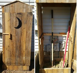 Small shed that looks like an outhouse made from scrap wood. On the right is the same shed with the door open showing that it can hold garden tools and cover things like cable boxes.
