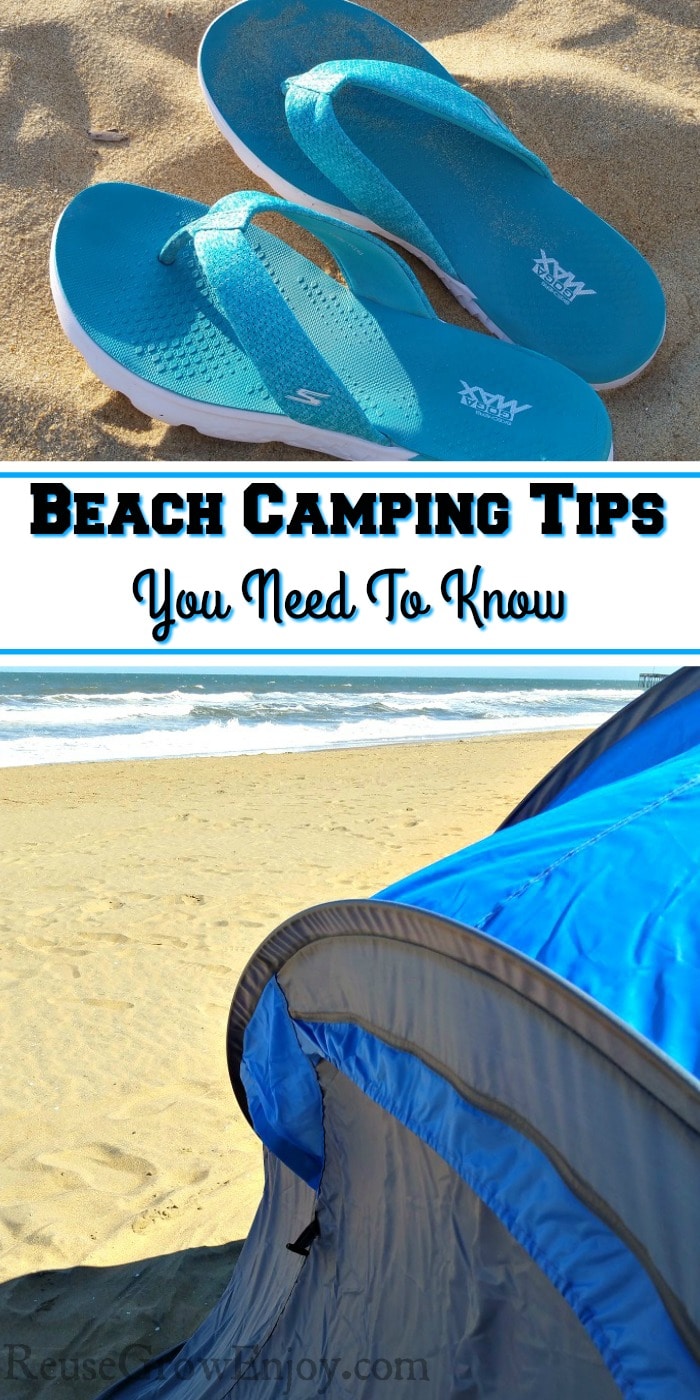 Flip flops at the top. Tent on the beach by the ocean at the bottom. Middle is a text overlay that says Beach Camping Tips You Need To Know.