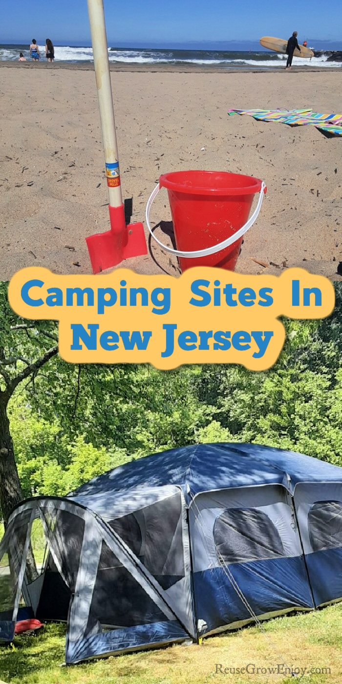 Sand bucket on beach at top. Large tent under tree at bottom. Text overly in middle that says Camping Sites In New Jersey
