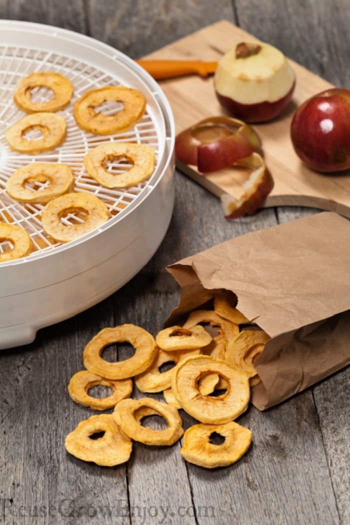 Dried apple slices on food dehydrater in background with fresh apples to the side. In front is dried apple rings in brown paper bag