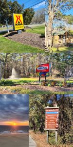 Collage of signs of virginia beach camping sites and cabins and beach sunrise
