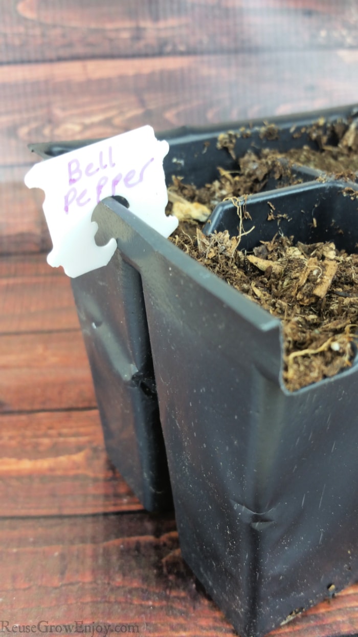 Bread clip with word bell pepper clipped onto side of plant starter pack