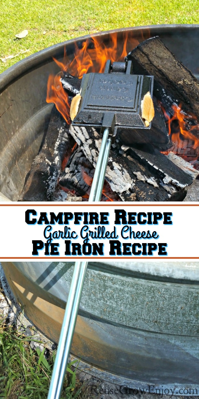 Pie iron being held over campfire with text overlay that says campfire recipe - garlic grilled cheese pie iron recipe.