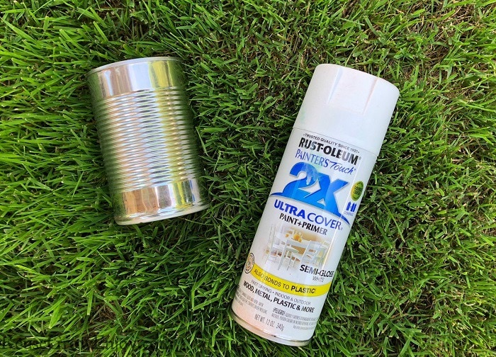 Tin can and white spray paint laying on grass outside.