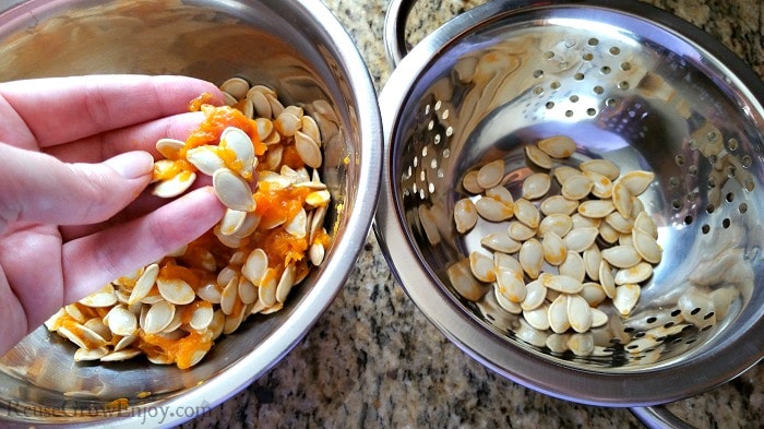 On the left there is a bowl of pumpkin seeds with pulp on them and a hand holding a few. On the right there is a colander with cleaned pumpkin seeds.