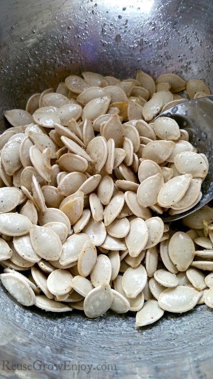 Pumpkin seeds in stainless steel mixing bowl being coated in salt, pepper and oil with soon mixing.