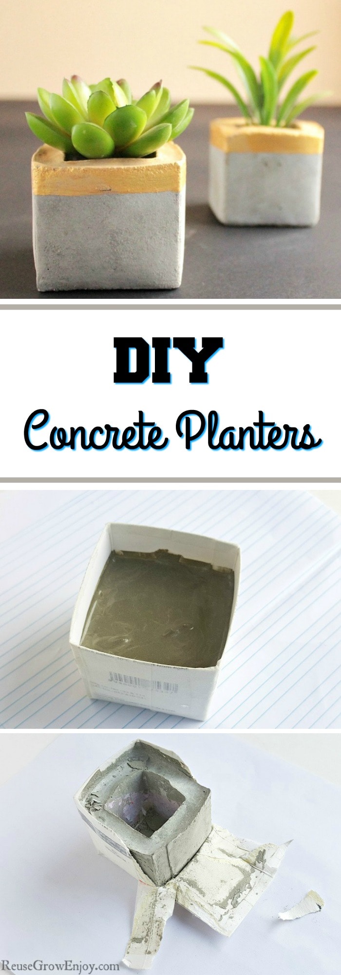 Need some new planters? If you are looking for some you can make at home and want them to be stylish, I have just the thing. I will show you how to make these DIY concrete planters using recycled cartons.