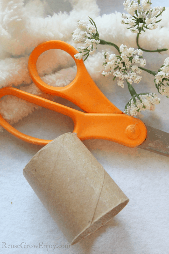 Cut cardboard tube. Yarn and scissors in background.