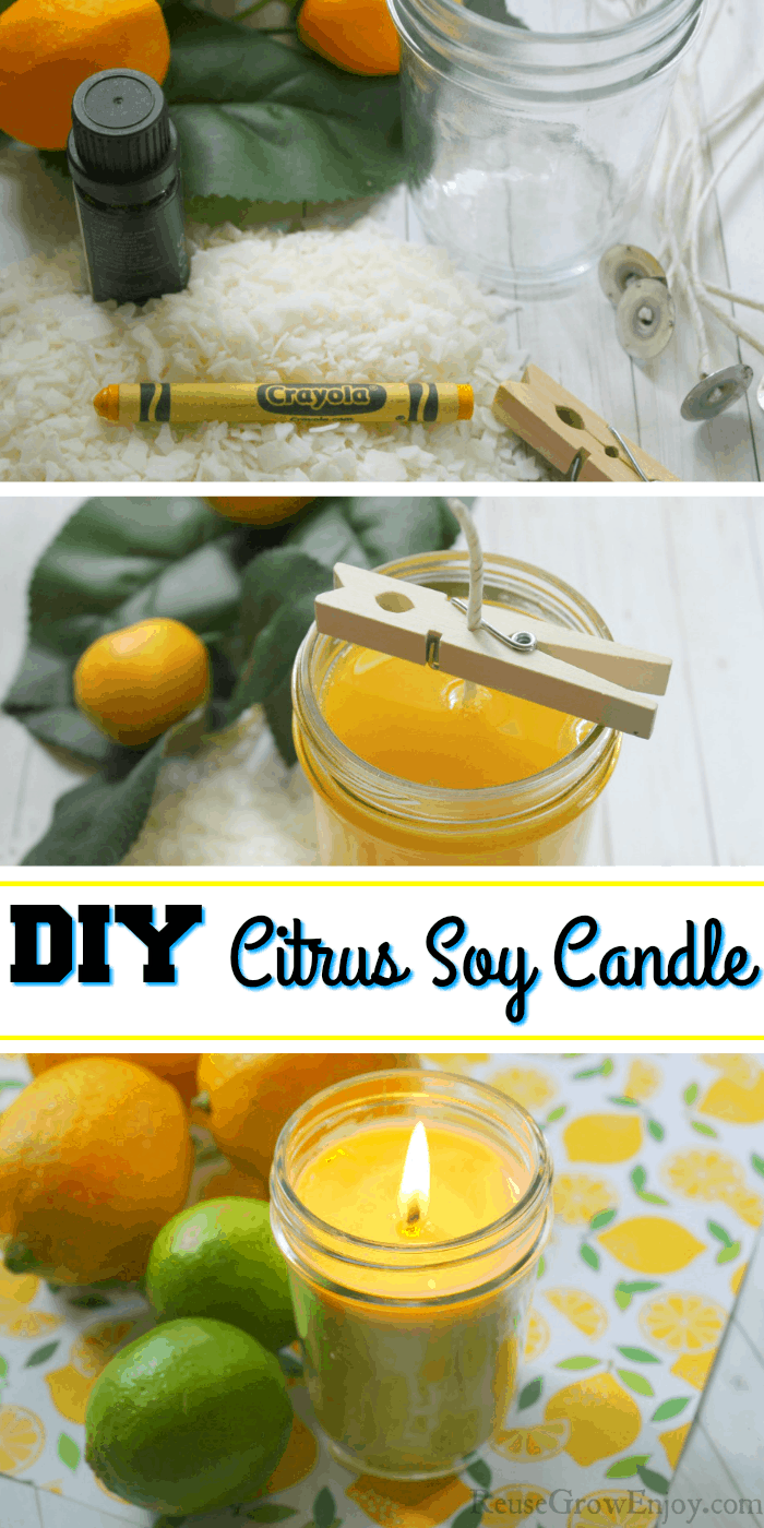 Steps to make citrus candle and well as finished candle at bottom. Text overlay in the middle.
