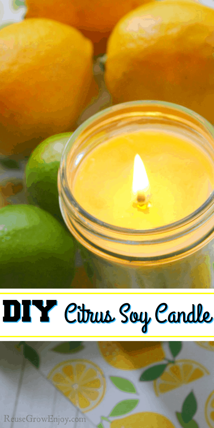 Yellow citrus candle with lemons and limes in the background. Text overlay in the middle.