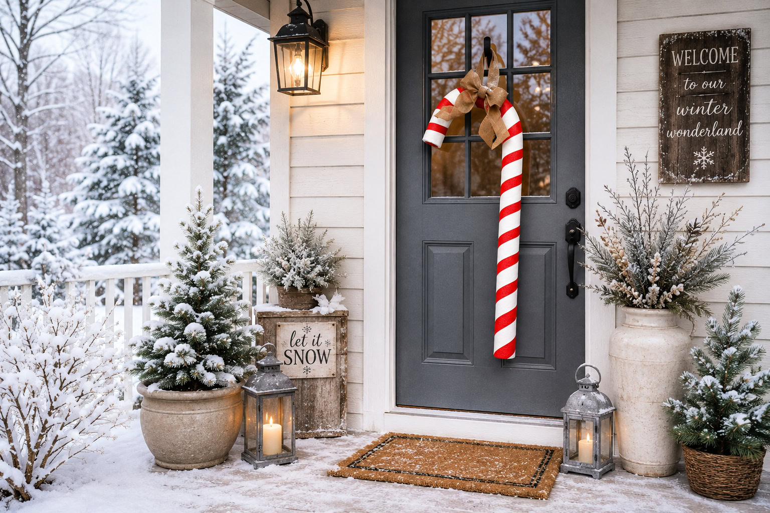 Holiday door with candy cane in winter setting.
