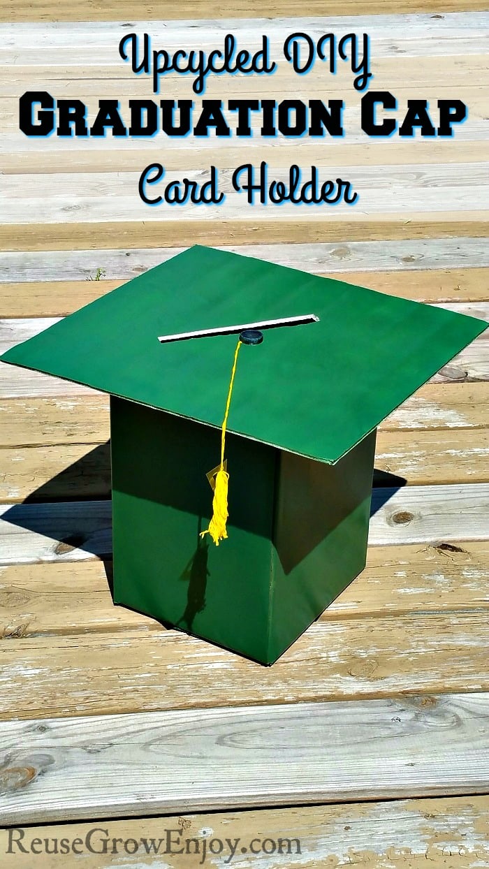 Graduation party coming up? Check out this upcycled DIY Graduation Cap Card Holder! Plus you can make it in your own school colors!