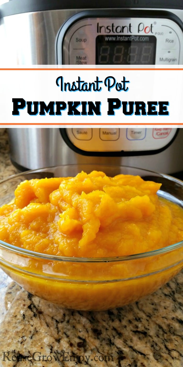 Bowl of fresh made pumpkin puree sitting in front of an Instant Pot with a text overlay that says "Instant Pot Pumpkin Puree"