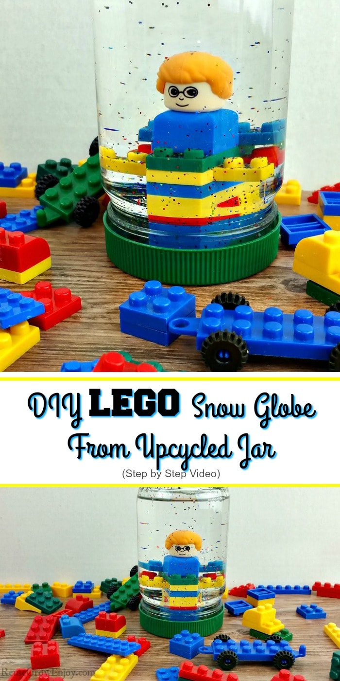 Small LEGOs all around with a upcycled mayo jar turned LEGO snow globe in the center that has LEGOs inside with glitter another angel of the same at the bottom. Text overlay in middle that says "DIY Lego Snow Globe From Upcycled Jar".