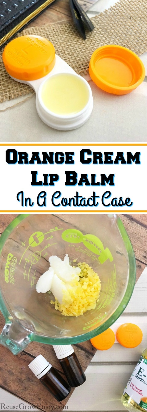 One great way to reuse extra contact cases is for lip balm. You can make this easy DIY lip balm that is orange cream. Works great for gifts!