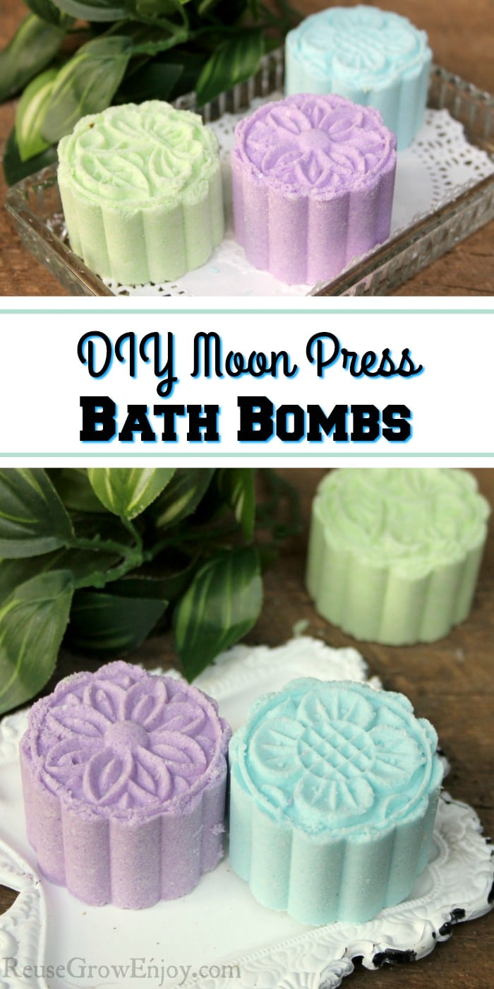Colorful pressed bath bombs at top on glass tray and bottom on a white tray. In the middle is a text overlay that says DIY Moon Press Bath Bombs.