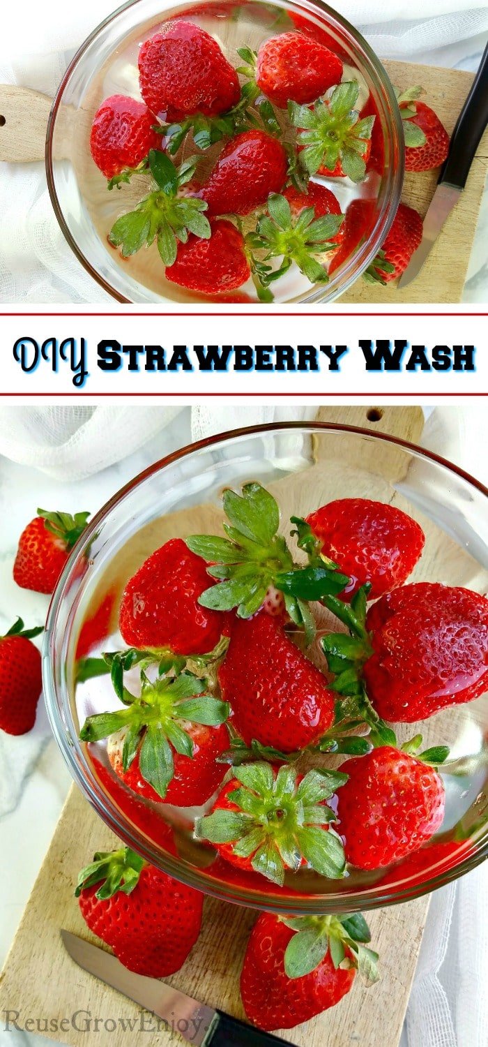 Two bowls with strawberry wash with strawberries floating in them. Text overlay that says "DIY Strawberry Wash".