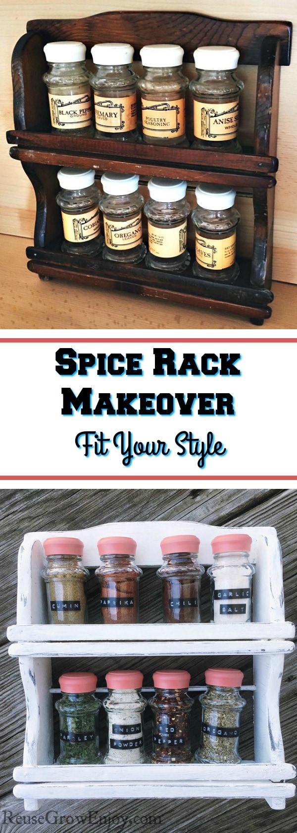 Check out this super easy DIY Spice Rack Makeover! Give that old spice rack a whole new look!