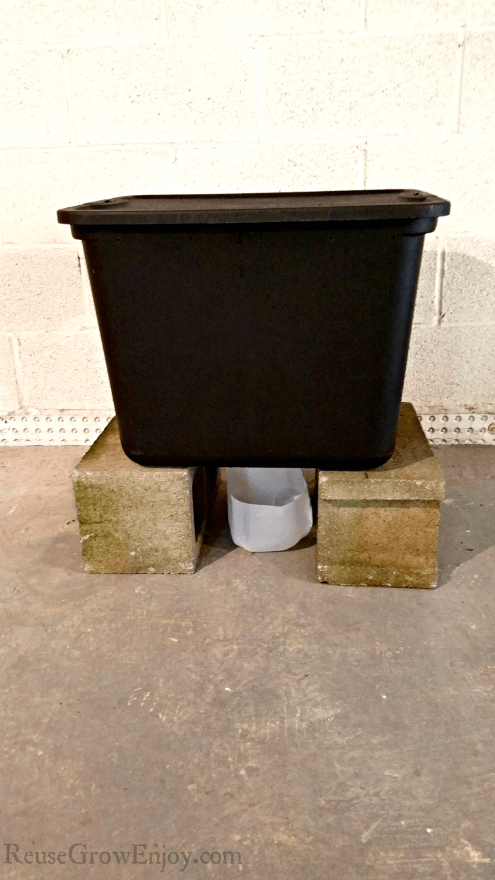 Worm composting bin sitting on blocks