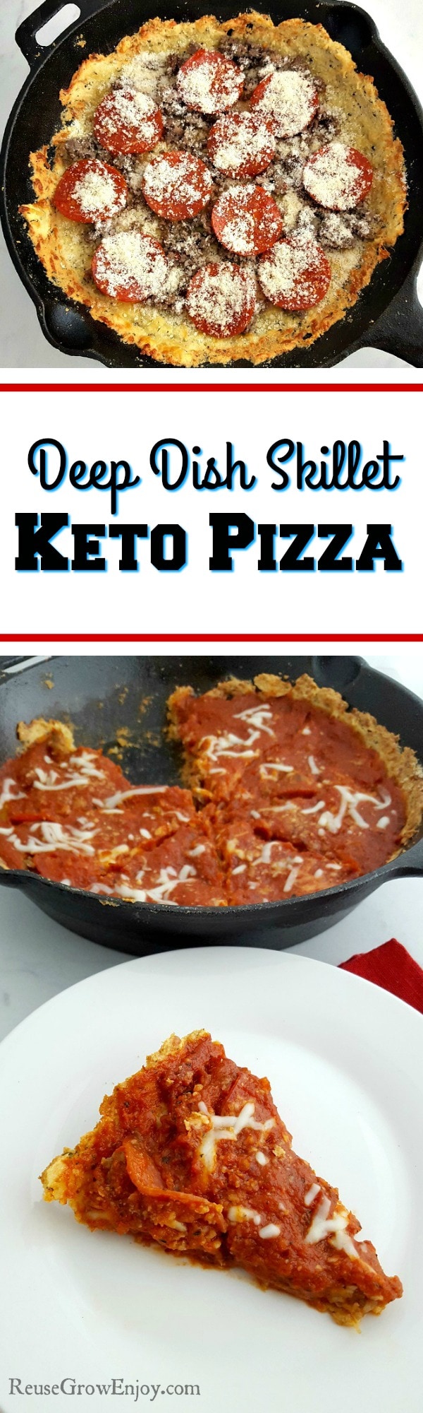 Are you one a Keto diet but missing pizza? Be sure to check out this easy yet tasty Deep Dish Skillet Keto Pizza! This is great for anyone watching carbs.