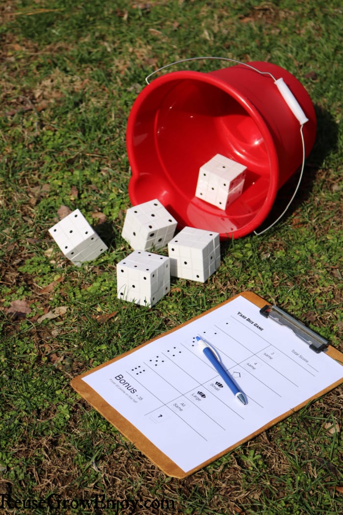 Large dice on grass with red bucket and clipboard with score sheet