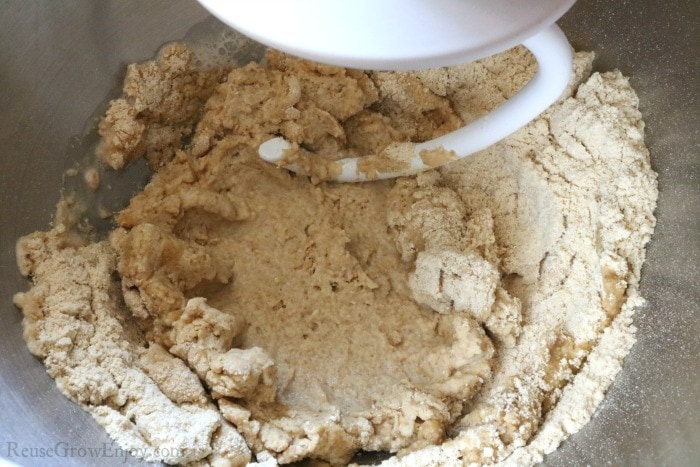 Dough hook mixing flour and yeast mixture