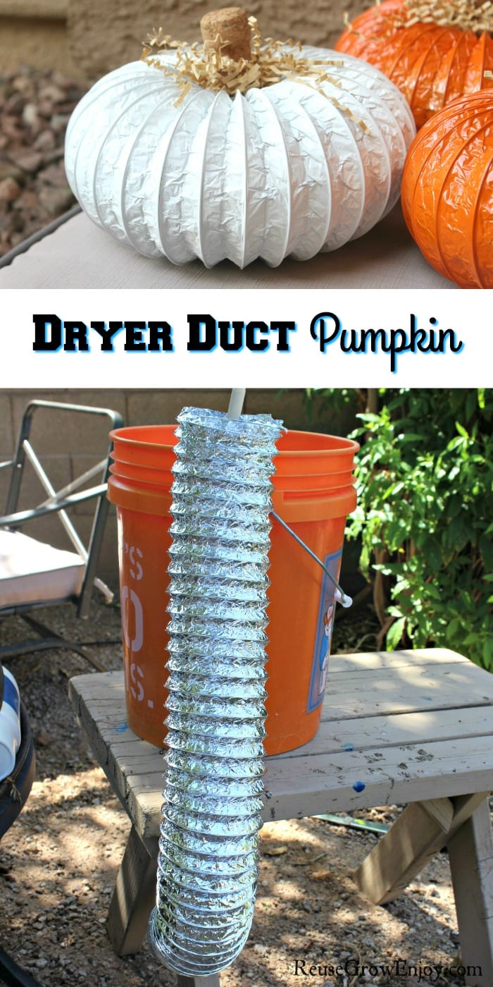 Dryer duct hanging from bucket at bottom and turned into finished pumpkin at the top. Text overlay in the middle that says Dryer Duct Pumpkin
