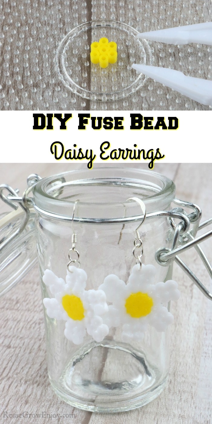 Finished earrings at bottom, top is earrings being made with text overlay in the middle that says "DIY Fuse Bead Daisy Earrings"