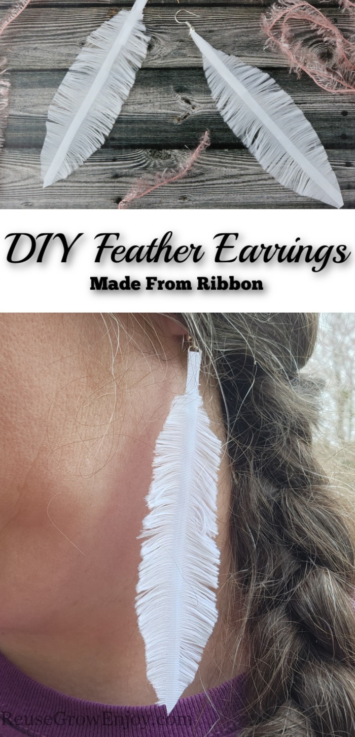 Top is a pair of ribbon feather earrings. Bottom is a feather earring on an ear with hair to the side. Middle is text overlay 