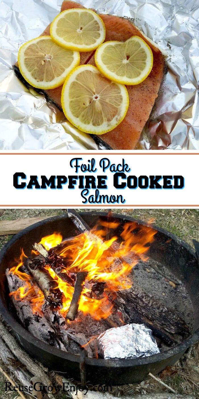Raw salmon with lemon slices at top. Campfire at bottom with cooking foil pack to the side of fire. Text overlay in middle that says Foil Pack Campfire Cooked Salmon.