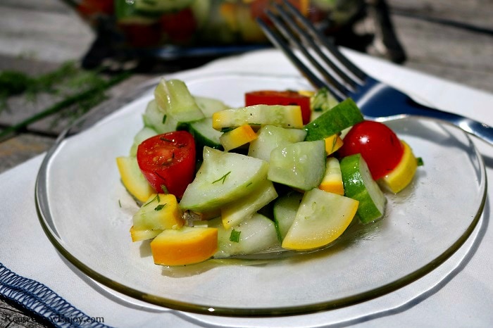 Have some garden fresh produce and looking for a new recipe to try? Check out my recipe for a squash cucumber tomato garden salad. Healthy, easy and tasty!