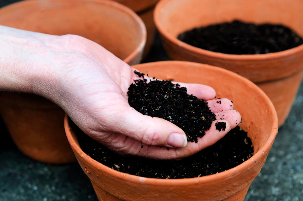 Hand Holding Soil Over Clay Pot