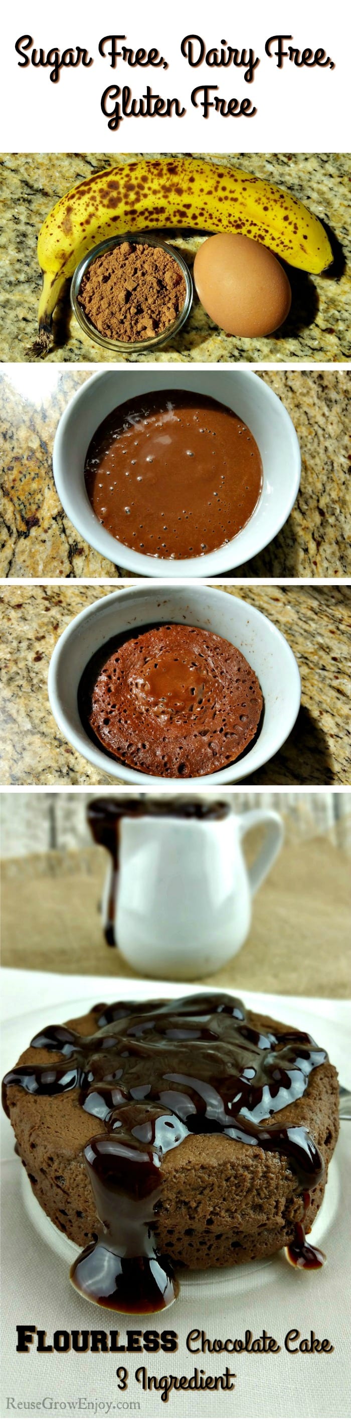 Picture of things you need to make this healthy flourless chocolate cake at the top. Middle is the cooked cake and the bottom is finished cake with chocolate glaze 