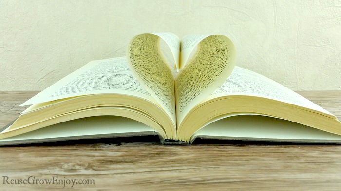 Open book laying flat with pages folded up to make a heart in the center
