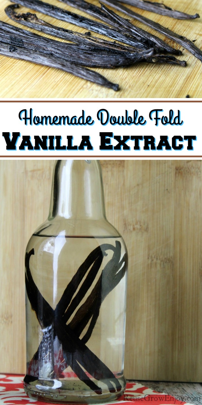 Vanilla beans in clear bottle with clear liquid and whole vanilla beans at the top.