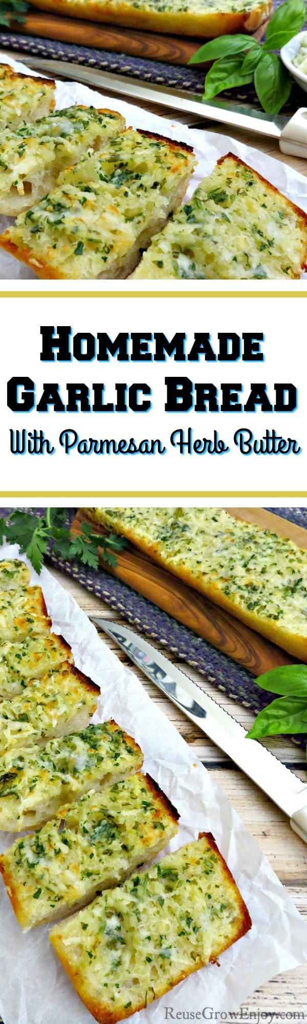 Love fresh garlic bread? Check out this recipe for homemade garlic bread with parmesan herb butter. It is so easy to make and sure to be a family favorite!