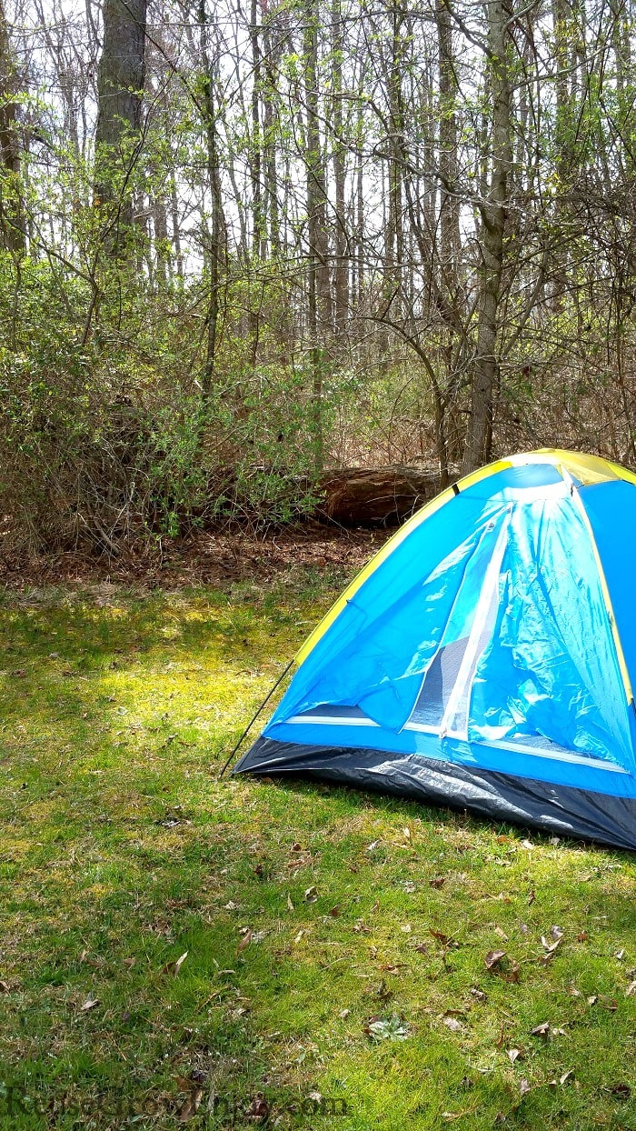 Small light blue tent with yellow trim setting on grass with woods in background.