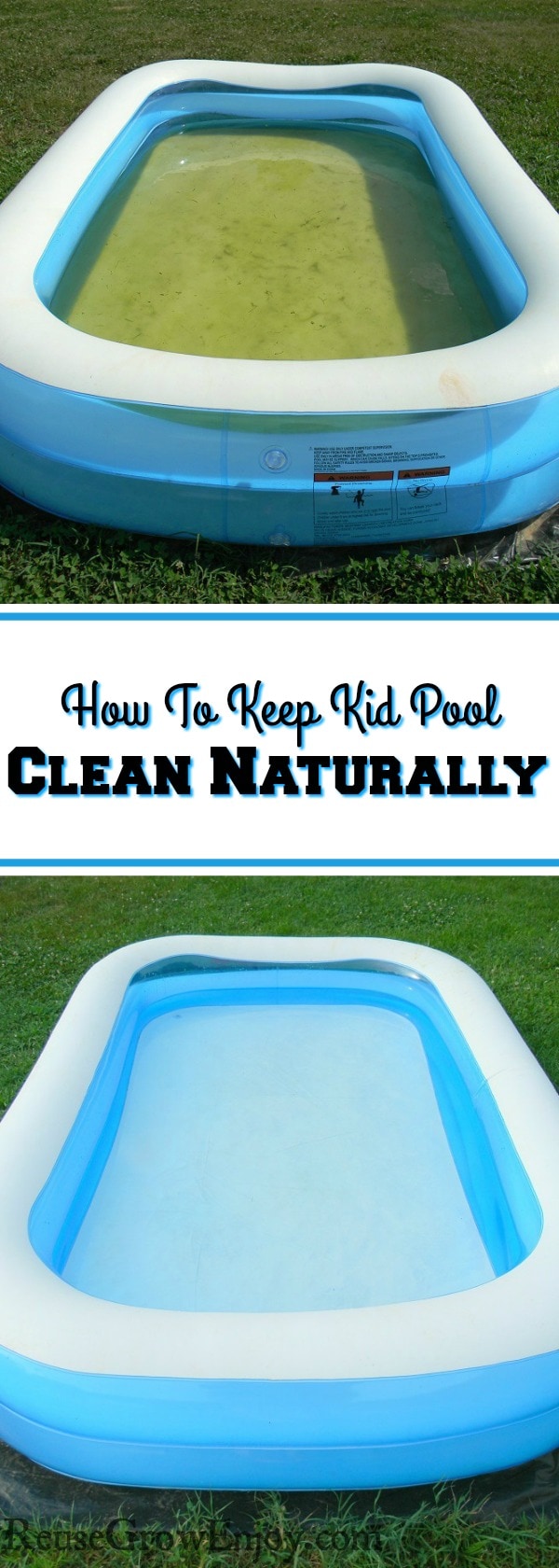 Top picture is kids pool with green water. Bottom is the same pool with clear clean water. Text overlay in middle that says How To Keep Kid Pool Clean Naturally.