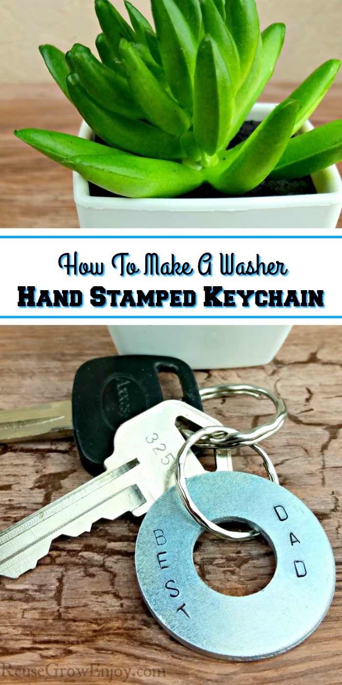 Washer Hand Stamped Keychain with keys. Plant behind the keys. Text overlay in the middle.