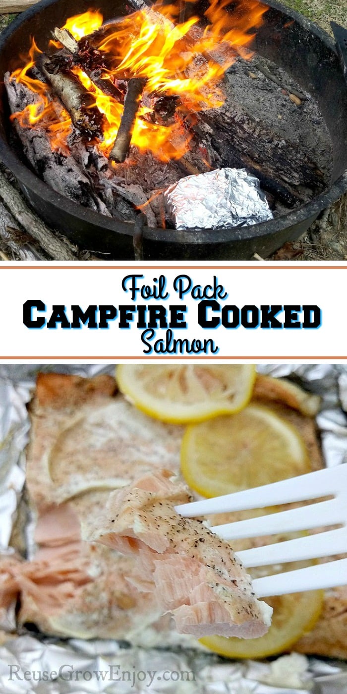 Campfire with foil pack cooking in it at the top. Bottom is a bite of cooked salmon on a white plastic fork. In the middle is a text overlay that says Foil Pack Campfire Cooked Salmon.