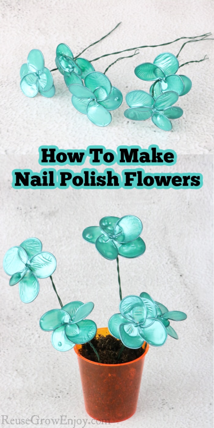 Finished nail polish wire flowers top and bottom text overlay in middle that says How To Make Nail Polish Flowers