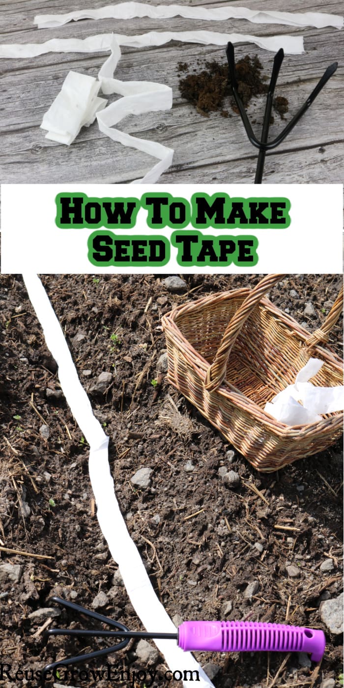Seed tape on table at top, seed tape in dirt with tool to side at bottom. Middle is text overly that says How To Make Seed Tape