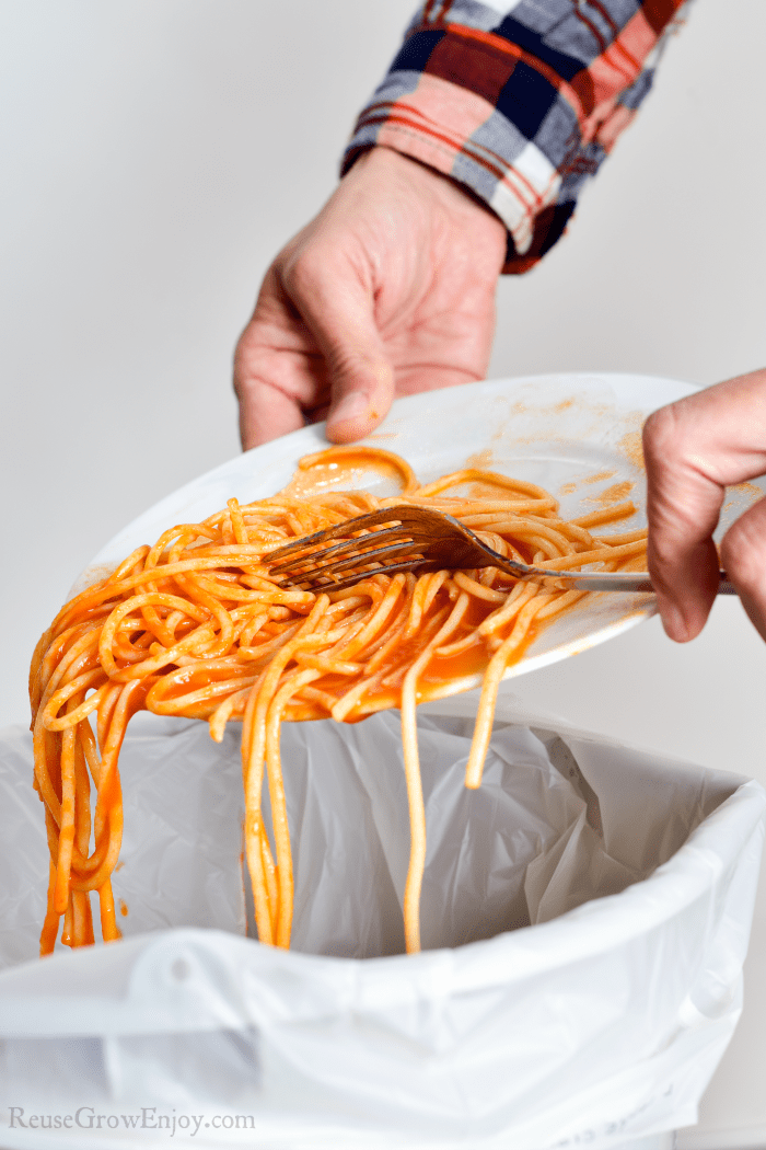 Plate of pasta being scraped into the trash