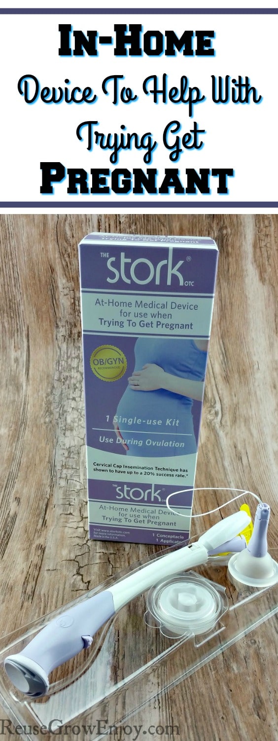 Stork OTC device in front with box behind. Text overlay at top that says In Home Device To Help With Trying Get Pregnant