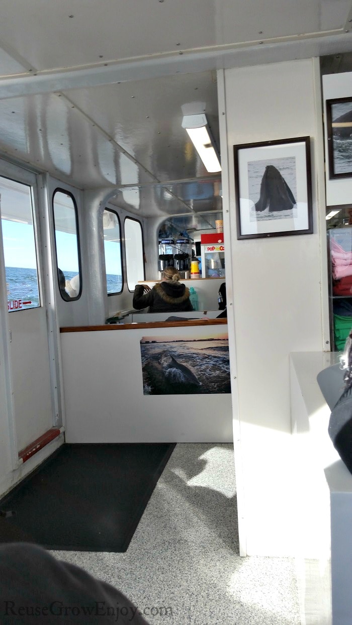 Inside cabin of the boat with tables and snack bar in the back.