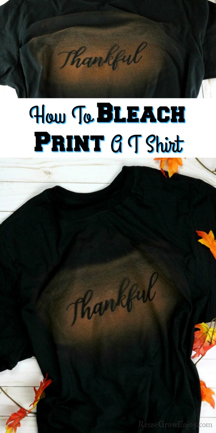 Black tee with word thankful bleach printed on it. Text overlay in middle