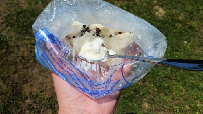 Hand holding Mint Chocolate Chip Flavor Camp Ice Cream In Bag With Spoon grass in background