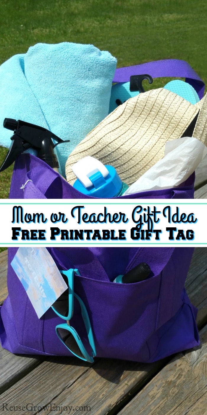 Mom Gift - Teacher Gift Thank You Tote Bag Filled With Summer Items Sitting On A Deck. With text overlay in the middle.